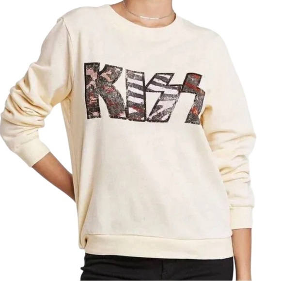 Kiss Tops - Kiss Band Distressed Letter Graphic Animal Print Sweatshirt